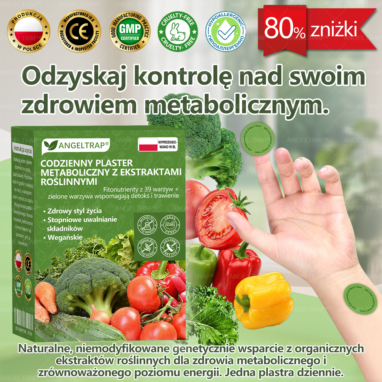 👨⚕️Zalecana przez lekarza kombinacja | 🥬𝐴𝑁𝐺𝐸𝐿𝑇𝑅𝐴𝑃® Daily Vegetable Metabolic Patch · 39 Warzyw + Zielonych Roślin · Witaminy A–E · Plaster wspierający metabolizm i detoks