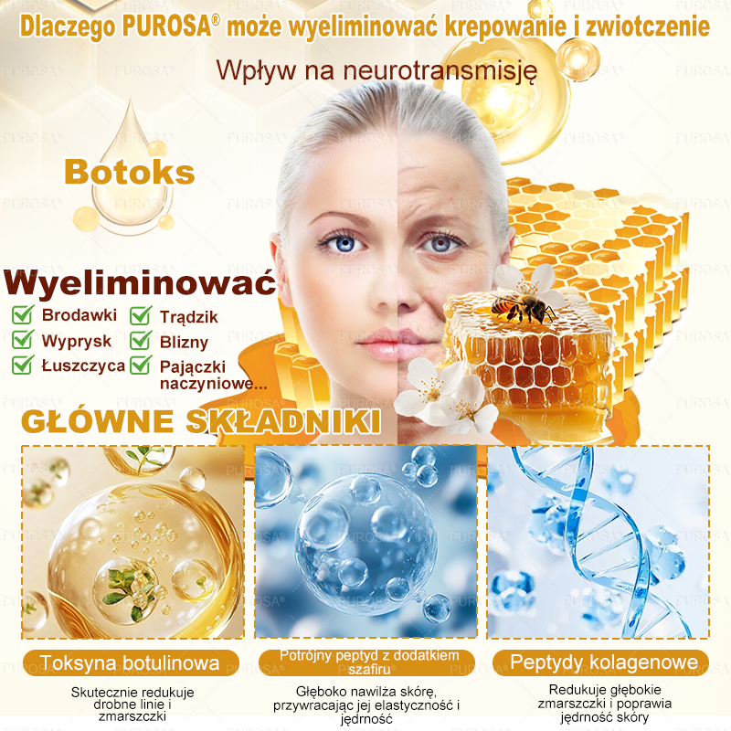 PUROSA®  Jad Pszczoły Kompleksowy Krem🥇pomaga w leczeniu problemów skórnych, takich jak: zmarszczki, blizny, plamy pigmentacyjne, rozstępy, trądzik, łuszczyca, egzema, zmiany skórne, podrażnienia, stany zapalne i inne problemy skórne🔥