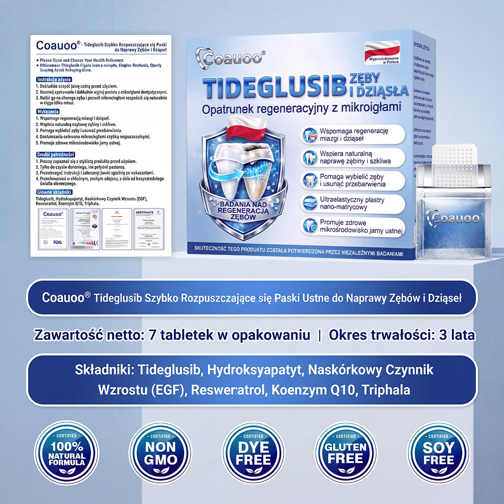 🦷 Pożegnaj nadwrażliwość i dyskomfort! 𝐂𝐨𝐚𝐮𝐨𝐨® paski oralne z Tideglusib – szybka regeneracja zębów i dziąseł 😊
