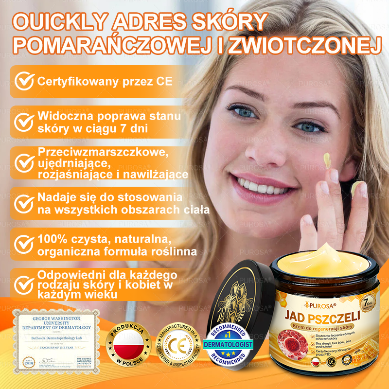 PUROSA®  Jad Pszczoły Kompleksowy Krem🥇pomaga w leczeniu problemów skórnych, takich jak: zmarszczki, blizny, plamy pigmentacyjne, rozstępy, trądzik, łuszczyca, egzema, zmiany skórne, podrażnienia, stany zapalne i inne problemy skórne🔥