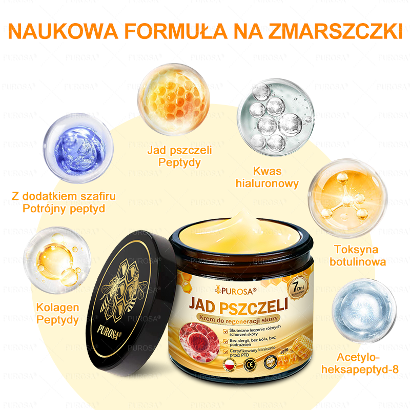 PUROSA®  Jad Pszczoły Kompleksowy Krem🥇pomaga w leczeniu problemów skórnych, takich jak: zmarszczki, blizny, plamy pigmentacyjne, rozstępy, trądzik, łuszczyca, egzema, zmiany skórne, podrażnienia, stany zapalne i inne problemy skórne🔥